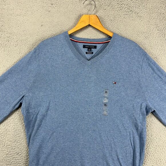 Tommy Hilfiger V-Neck Sweater Mens XL Blue‎ Cashmere Pima Cotton Nylon Blend NEW